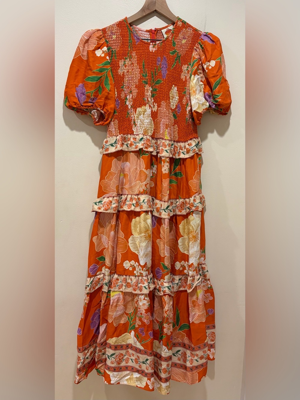 Farm Rio by Anthropologie Orange Bold Multicolored Floral Smocked Dress Medium P